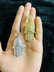 14k Gold Finish Hamsa Hand Palme Hip Hop simulierter Diamant Anhänger mit Seil Kette - Bild 1 von 3