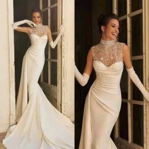 Wedding Satin Dresses Sleeveles Lace Mermaid Ruche High Neck Beaded Sweep Train - Picture 1 of 18