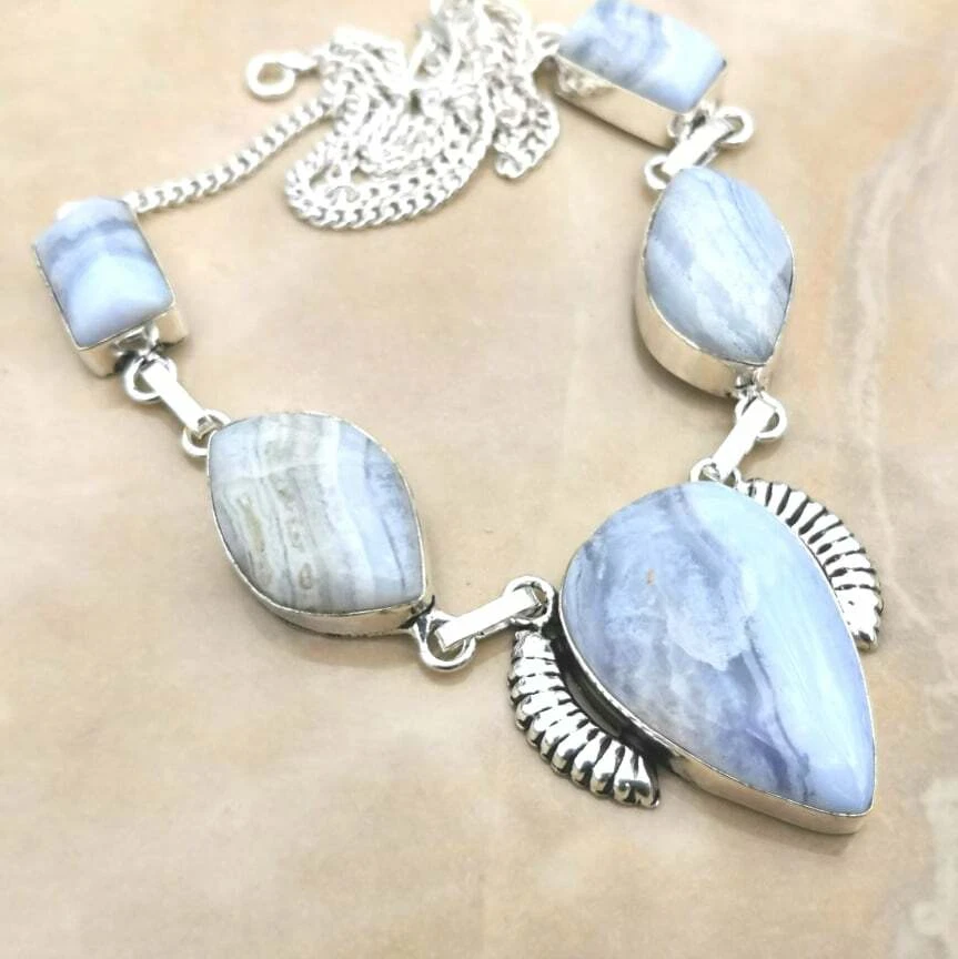 Handmade Botswana Agata Gemma 925 Argento Sterling Collana 19 " #N01725 - Immagine 1 di 1