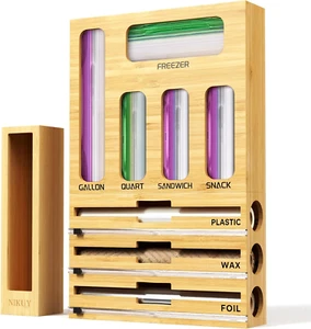 Bamboo Foil and Plastic Wrap Organizer for Kitchen Drawer, 9-In-1 Storage Soluti - Picture 1 of 12