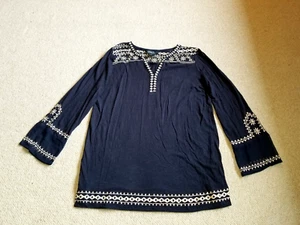 Womens Top-LUCKY BRAND-navy/beige embroidered cotton knit BOHO peasant 3/4 slv-M - Picture 1 of 4