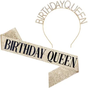 Birthday Queen Sash & Rhinestone Headband Set - Gold Glitter Birthday Sash Bi... - Picture 1 of 6