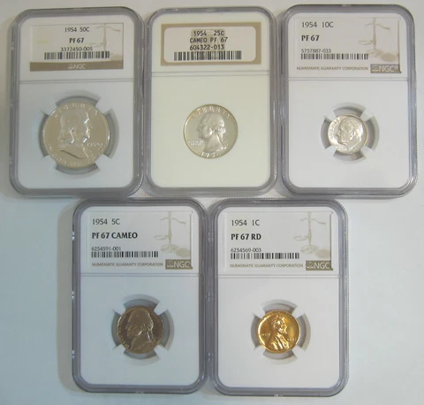 Blast White 1954 Cameo Proof Set - all 5 coins grade NGC PR67, PF67 Cover