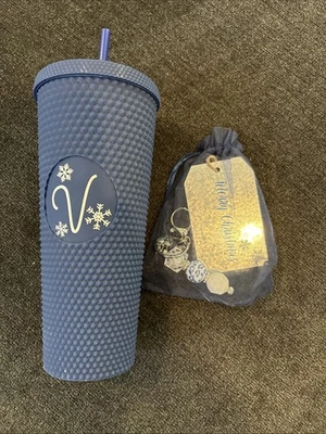 Blue Water Bottle With Keychain.  Letter V  - Image 1 of 4