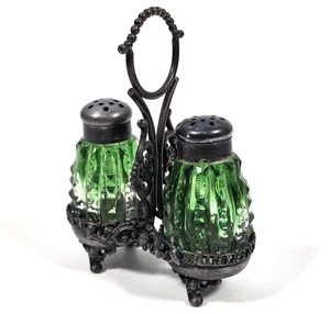 ANTIQUE TORONTO SILVER PLATE SALT & PEPPER SHAKERS W/ CADDY EMERALD GREEN EAPG - Picture 1 of 17