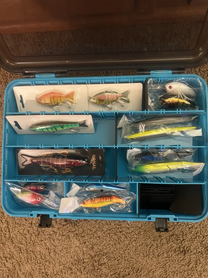 Caja de aparejos de pesca de doble capa divisores ajustables, mango + 26 señuelos diferentes Foto 1 de 4