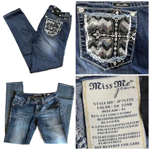 Y2k Miss Me Skinny Jeans 29 x 30 bestickt Pailletten Kreuz dicke Nähte Leibhöhe 7" - Bild 1 von 13
