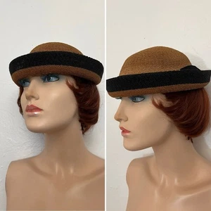 Vtg Straw Hat Fine Weave 1940s Spring Black Brim Ribbon - Picture 1 of 10
