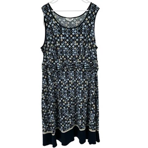 Studio I Dress 24W Blue Tan Retro Print V Neck Empire Waist Stretchy Y2K VTG - Picture 1 of 9