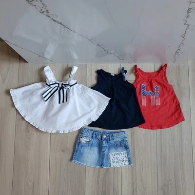 Verano Niñas Lote 2T Gap Rojo Blanco Azul Camisetas sin Mangas Denim 4 de Julio Conjunto Falda Foto 1 de 4