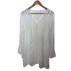 Bu Tiki Maui White Crochet Tunic Top Women’s Sz Medium/Large Boho Beach Handmade - Picture 1 of 7