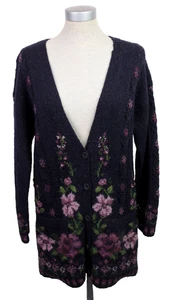 Vintage Laura Ashley 100 % Wolle marineblau & lila bestickt lange Strickjacke-Small - Bild 1 von 8