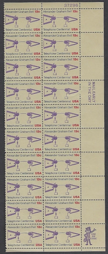 1683 MNH Plate Block of 20, 13-cent stamps - Telephone Centennial, A.G. Bell - Image 1 of 1
