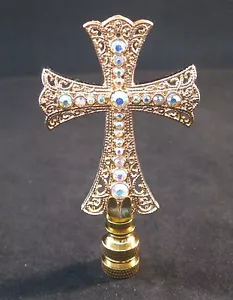 LAMP FINIAL-GOLD (AB) RHINESTONE CROSS LAMP FINIAL-POLISHED BRASS BASE - Picture 1 of 10