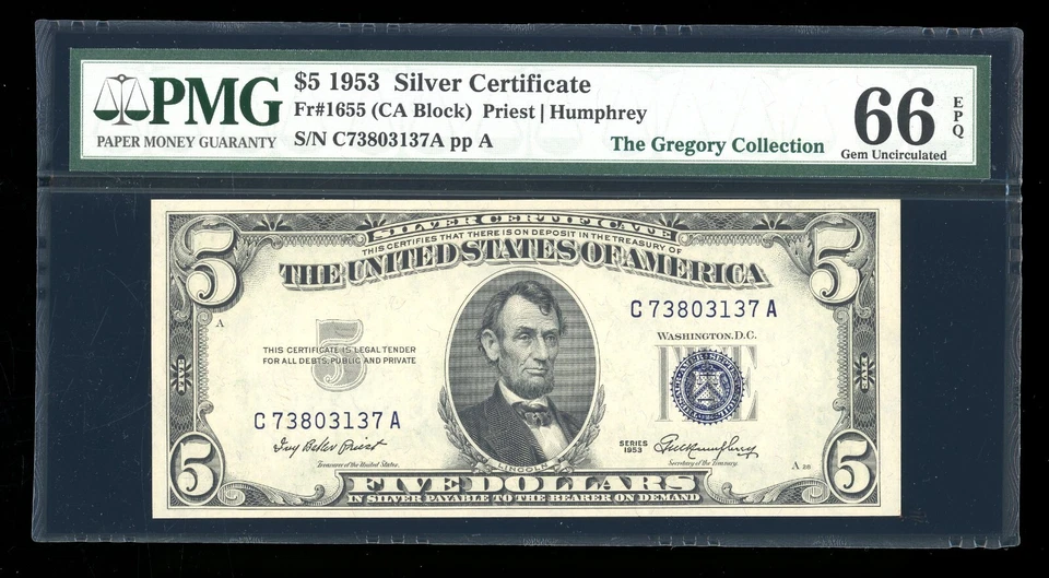 DBR $5 1953 Silver Gem Fr. 1655 CA Block PMG 66 EPQ Serial C73803137A - Image 1 of 2