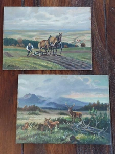 2 kleine Gemälde Bilder Studien A. Riedel Landschaft Feldarbeit Wald Rehe Hirsch - Bild 1 von 11