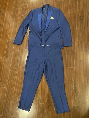Vintage Vinci Mens 44L 36W Three Piece Suit Pleated Pants Italian Design Blue - Image 1 of 4