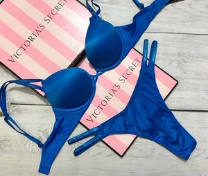 Victoria's Secret Shine Strap Bombshell Push Up Bra 2 piece Set Blue - Picture 1 of 5