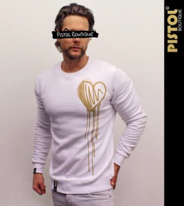 Pistol Boutique men's White GOLD DRIBBLE SKETCH HEART Classic Sweatshirt Jumper - Picture 1 of 12