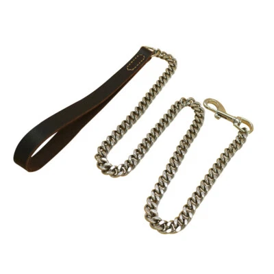 Stainless Steel Curb Chain Walk Training Pet Leather Handle Dog Leash Lead - Image 1 of 4