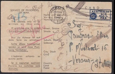 Tarjeta Murchison VIC. Segunda Guerra Mundial Australia POW Servicio de Prisioneros de Guerra TARIFA CORREO AÉREO Foto 1 de 3
