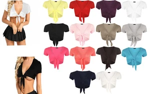 New Womens Plain Cap Short Sleeve Sexy Tie Up Front Bolero Shrug Cropped Top - Picture 1 of 15