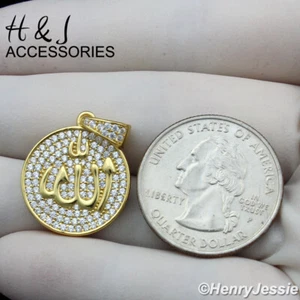 MEN 925 STERLING SILVER ICY CZ GOLD PLATED MUSLIM ALLAH ROUND PENDANT*AGP271 - Picture 1 of 4