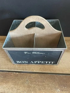 Bon Appetit Utensil Caddy Wood Handle Tin 4 Divided Compartments - Picture 1 of 6