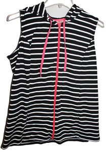 QUACKER FACTORY JEANNE BICE WOMEN'S BLACK WHITE PINK ACCENT HOODED VEST LARGE - Picture 1 of 2