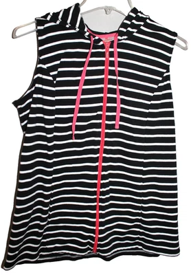 QUACKER FACTORY JEANNE BICE WOMEN'S BLACK WHITE PINK ACCENT HOODED VEST LARGE - Image 1 of 2