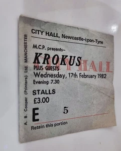 KROKUS  / CONCERT TICKET, NEWCASTLE CITY HALL 1982 - Picture 1 of 3