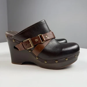 UGG Natalee Clogs Wedge Brown Straps Wood Sole Dark Brown Leather Women US 8 - Picture 1 of 10