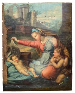 17th C Antique Oil on Canvas - The Virgin with the Blue Diadem After RAPHAEL - Picture 1 of 15