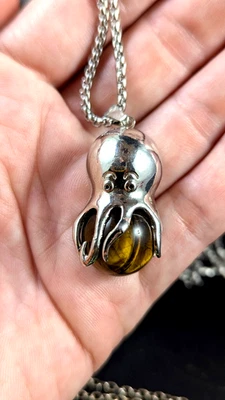 2 Silver Tone Octopus Necklaces – Tiger’s Eye Orb Pendant & Jellyfish Charm - Image 1 of 4