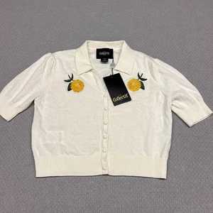 Collectif Cardigan Sweater Womens 8 White Flower Knit Collared Preppy Cropped - Picture 1 of 8