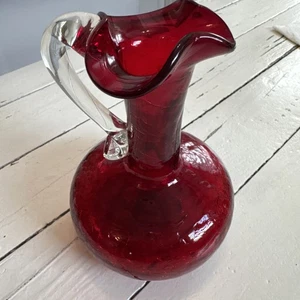 Ruby Red Crackle Glass Pitcher Vase 5 Inches Clear Handle Vintage - Picture 1 of 2