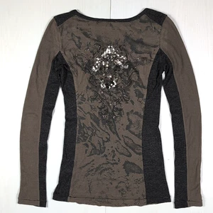 Top Miss Me Thermal Henley donna M marrone incrociato paillettes impreziosito manica lunga - Foto 1 di 13