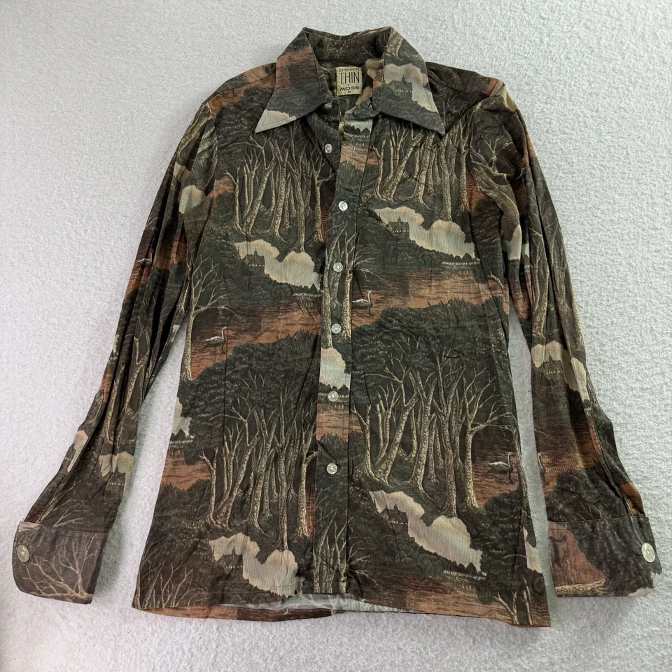 Настоящая винтажная тонкая камуфляжная футболка 70-х с захватом от Moss на пуговицах ретро диско размер M - Изображение 1 из 4