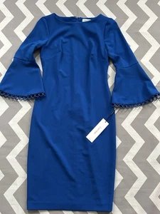 CALVIN KLEIN Womens Blue Bell Sleeve Knee Length Sheath Dress Size 2 - Picture 1 of 5