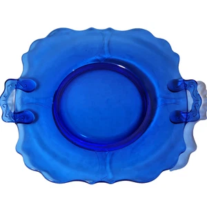 VTG Serving Plate Platter Tray Cobalt Blue 10" Square Scalloped Glass Handles - Picture 1 of 13