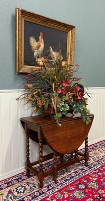 Antique English Table Drop Leaf Gateleg Barley Twist Tiger Oak Oval c. 1920-30s - Image 1 of 4