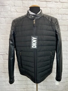 DKNY Mens Black PUFFER Insulated Motorcycle Zip-Front Coat OVERCOAT Jacket 'L' - Picture 1 of 17