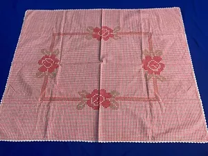 Vintage Retro Square Tablecloth 68x83cm Red Check Frilled Edge Shabby Roses - Picture 1 of 3