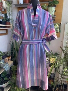 Vintage R & K Originals Dress Sheer Striped Belted Work Dress 70s size 12 - Picture 1 of 11