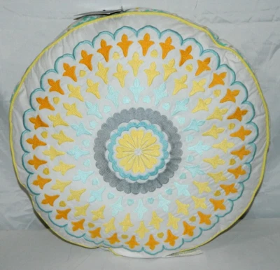 Cynthia Rowley Round Decorative Pillow Yellow & Blue Embroidered 18” - Image 1 of 4