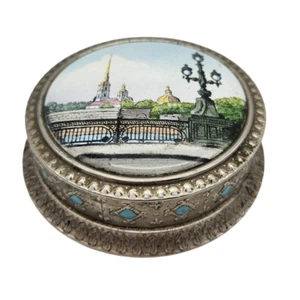 Vintage USSR Russian Painted Lacquered Metal Round Trinket Box - Picture 1 of 8