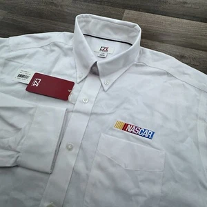 CUTTER & BUCK Men Size Large Solid White L/S Button Dress Shirt NASCAR Logo NEW - Picture 1 of 9