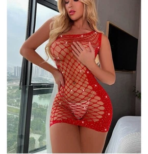 Mini Vestido Rojo Estrás Red Bodystocking Medias Bodycon Chemise, T9153 - Imagen 1 de 5