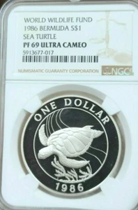 1986 BERMUDA SILVER 1 DOLLAR S$1 SEA TURTLE NGC PF 69 ULTRA CAMEO BEAUTIFUL COIN - Picture 1 of 3