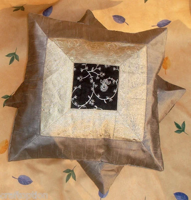 Set of two gray silver silk floral embroidered hand made brocade pillow cover - Image 1 of 4